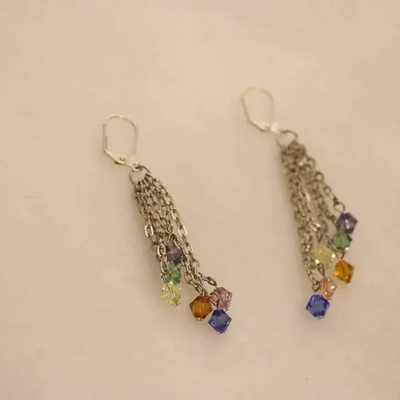 Dangle drop chain link earrings, rainbow colorful fun beads on chain ends, 2 - Picture 2 of 4